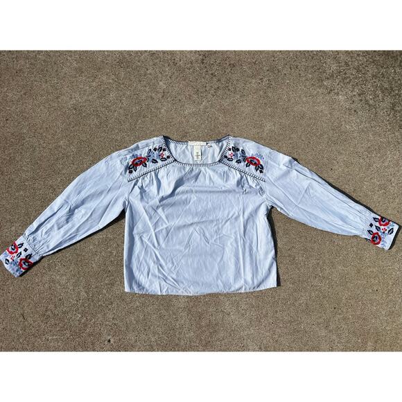 L.O.G.G. by H&M Blouse Women Size 6 Blue Floral Embroidered Long Sleeve Shirt - Picture 1 of 7
